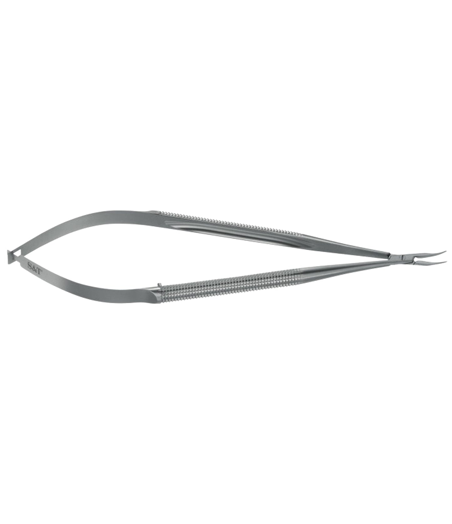 S&T Needle holder curved round handle 8mm, 15 cm long, Tip 0.2 mm without lock (00730)